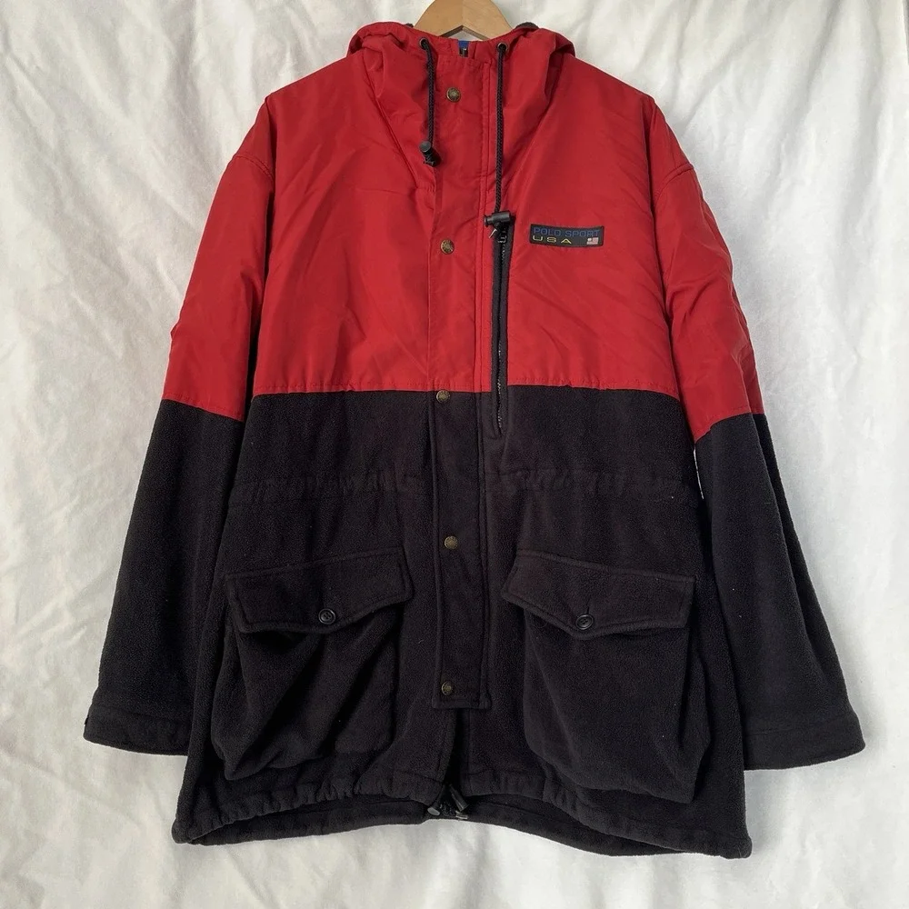 Polo Sport Ralph Lauren Jacket Men L Red Black Fleece Nylon Hooded Vintage 90s